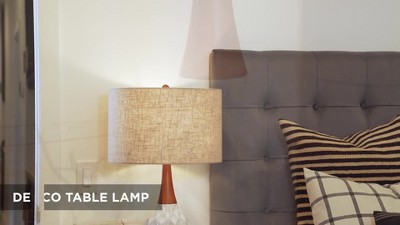 Mid-Century White Ceramic & Wood Table Lamp with Tan Drum Shade