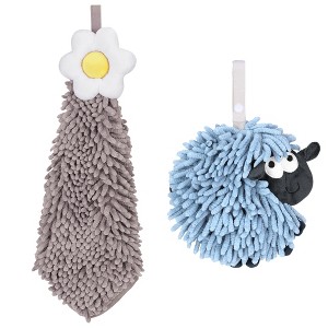REGALWOVEN Flower and Sheep Shape Absorbent Fast Drying Chenille Hand Towels with Hanging Loop 6" x 15"/7" x 7" 2 Packs - 1 of 4