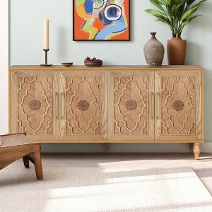 63" Large Storage Cabinet with Carved Flower Doors, Metal Handle, Adjustable Shelves, Wooden Modern Sideboard Console,Ideal for Kitchen, Entryway - 1 of 4