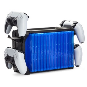 ionX Video Game Storage Stand Fits 4 Controllers for Playstation 5 4 PS5 PS4 / Xbox 360 One X S/ Game Cases Blu-Ray and DVD, Holds 15 Cases (Black) - 1 of 4