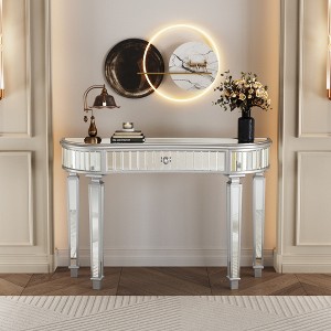 Half-Moon Mirrored Console Table with Fluted Glass & Crystal Knob Drawer, Sofa Accent Table, Entryway Vanity Desk - ModernLuxe - 1 of 4