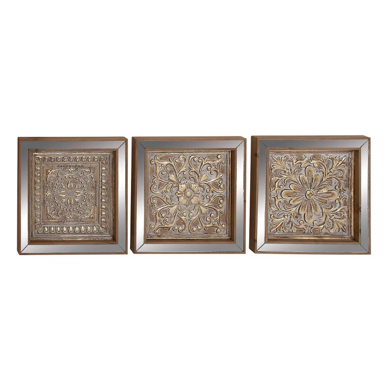 Metal Floral Embossed Wall Decor with Mirror Panels Set of 3 Gold - Olivia &#38; May, 1 of 17