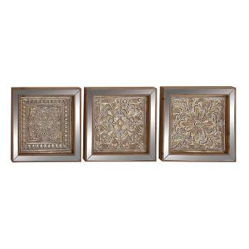 Metal Floral Embossed Wall Decor with Mirror Panels Set of 3 Gold - Olivia & May