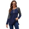 Women's Long Sleeve Waffle Henley Shirts Button Down Round Neck T Shirts Side Splite Color Block Casual Work Blouses - 2 of 4