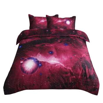 PiccoCasa Galaxies Duvet Cover Sets 3 Pcs Includes 1 Duvet Cover 2 Pillow Shams Queen Red