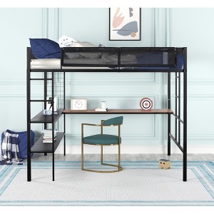 Full Size Loft Bed with 2 Side Ladders, Built-in Desk and 2-tier Shelves - 1 of 4