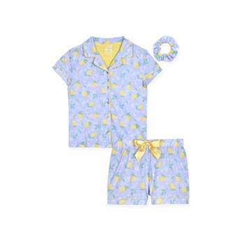 Sleep On It Girls 2-Piece Short-Sleeve Button Down Collared Coat Pajama Set with Matching Scrunchie