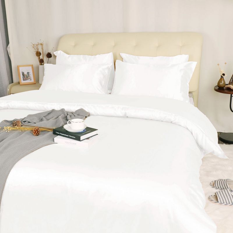 PiccoCasa Silk Satin Solid Reversible Bed Duvet Cover Set 3 Pcs, 3 of 8
