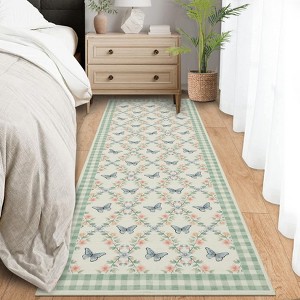 Washable Rug Colorful Floral Butterflies Living Room Rug Low Pile Ultra Soft Foldable Non Slip Carpet Stain Resistant Non Shedding Thin Floor Cover - 1 of 4