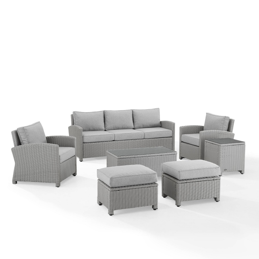 Bradenton 7pc Outdoor Wicker Sofa and Arm Chair Seating Set with Coffee Table, Side Table and 2 Ottomans - Gray/Gray - Crosley -  82325867