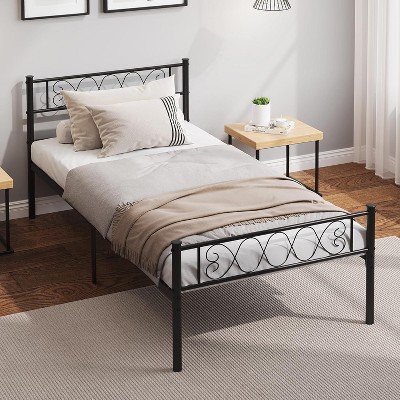 Twin Size Metal Bed Frame with Headboard and Footboard, Iron-Art Heart Design Platform Bed for Girls and Boys – Pink/Black