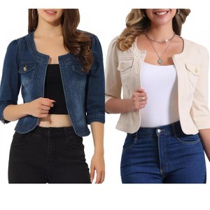 INSPIRE CHIC Women's Collarless Pockets 3/4 Sleeve Crop Denim Jackets 2 Pieces - 1 of 4