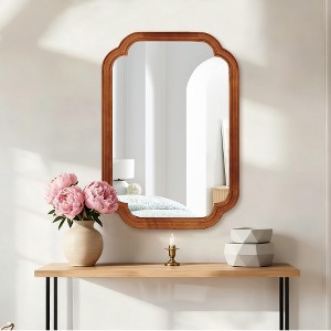 Wooakway Rounded Corner Novelty Mirror Natural Wood/Yellow Brown Frame Modern Decorative Wall Mirror for Living Room Bedroom Bathroom Entryway - 1 of 4