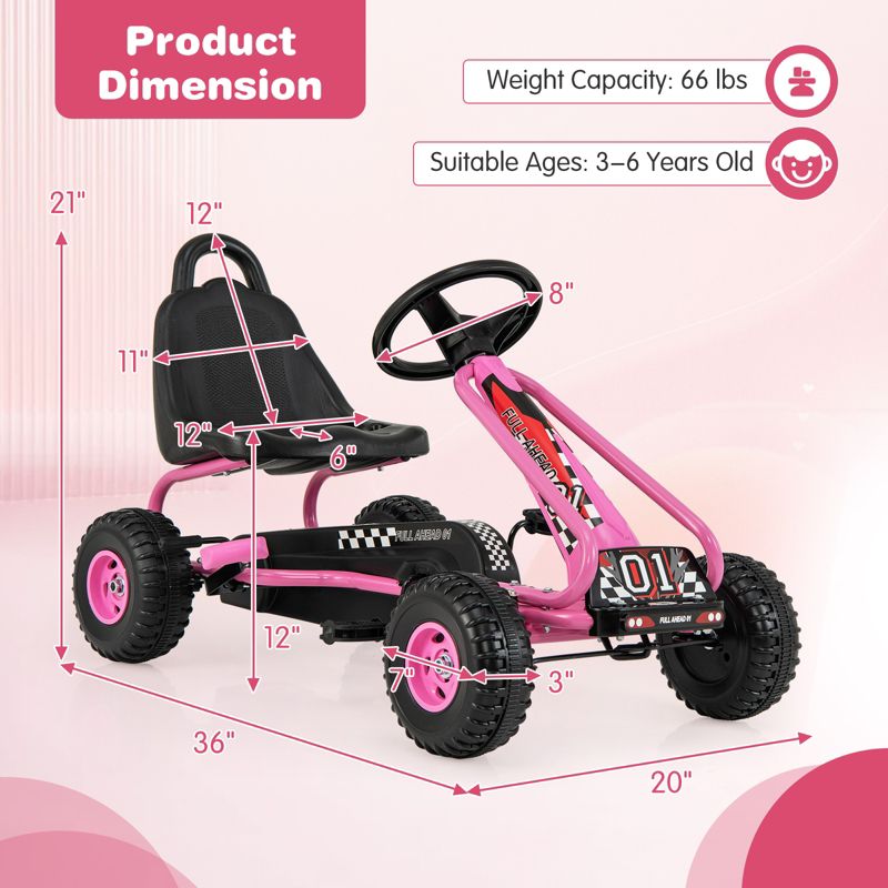 Infans Kids Pedal Go Kart 4 Wheel Ride On Toys w/ Adjustable Seat Handbrake Red, 4 of 5