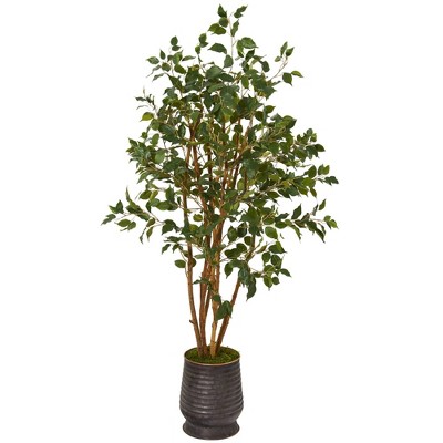 Elegant 57" Faux Ficus Floor Plant in Ribbed Metal Planter