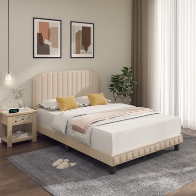 Infans Full Upholstered Bed Frame with linen fabric vertical lines Rivets headboard