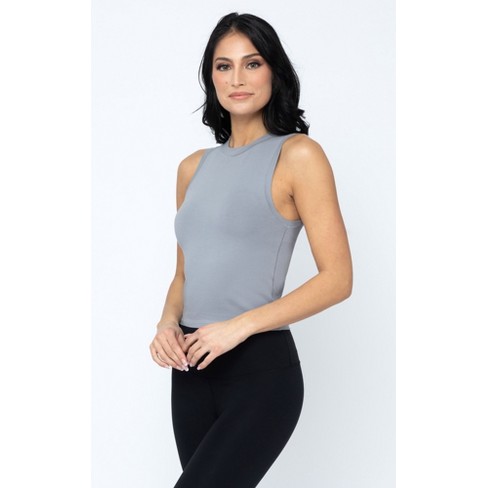 Yogalicious Womens Heavenly Ribbed Tara Cropped Short Sleeve Top With Built-in  Bra - Tourmaline/htr.grey - Medium : Target