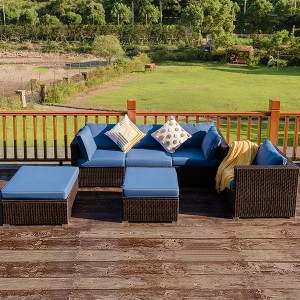 Costway 6PCS Patio Rattan Furniture Set Sectional Cushion Sofa Coffee Table Ottoman Navy - 1 of 4
