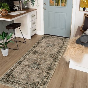 Area Rugs: Washable Non-Slip Floral Vintage Carpet, Foldable Low Pile Stain Resistant Rugs for Hallway, Living Room, Bedroom, Home, Camel - 1 of 4