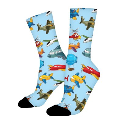 Airplane Pattern Women Printed Crew Socks Funny Funky Socks Soft Polyester Novelty Gifts for Artists Men