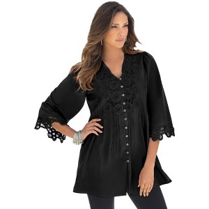 Roaman's Women's Plus Size Juliet Lace Trim Shirt - 1 of 4
