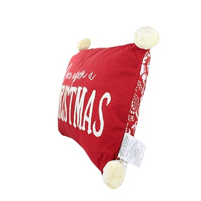 Red Cotton Holiday Christmas Pillow with Pom Poms