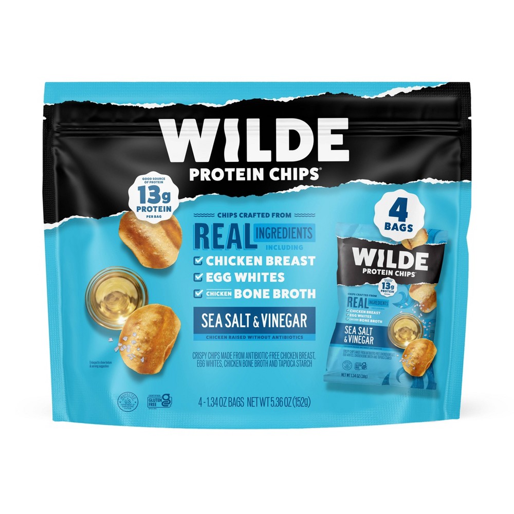 WILDE 13g Protein Chips - Sea Salt & Vinegar - 4ct: 5.36 Oz Net Weight, Ready to Eat