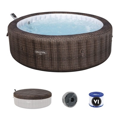 Bestway SaluSpa Bali Smart AirJet Inflatable Hot Tub Round Portable 5-7 Person Spa with 180 AirJets, App Control and EnergySense Cover, Brown Rattan