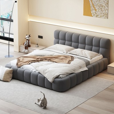 Okak Queen Minimalist Platform Bed Frame with Thick Linen Fabric Upholstered Grounded Bed with Strong Wood Slats Noise-Free Easy to Assemble, Gray