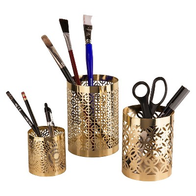 Set of 3 Gold Filigree Metal Hurricane Candle Holders