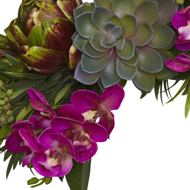 Nearly Natural Orchid Artichoke and Succulent Wreath Purple (20"), 4 of 5