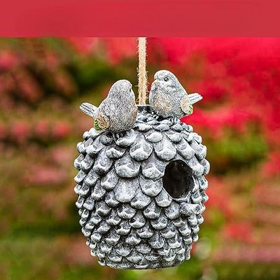 Hand-Painted Polyresin Birdhouse with Butterfly and Flowers Design