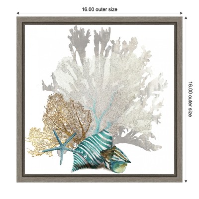 Coastal Coral and Seashells Canvas Art in Gray Frame
