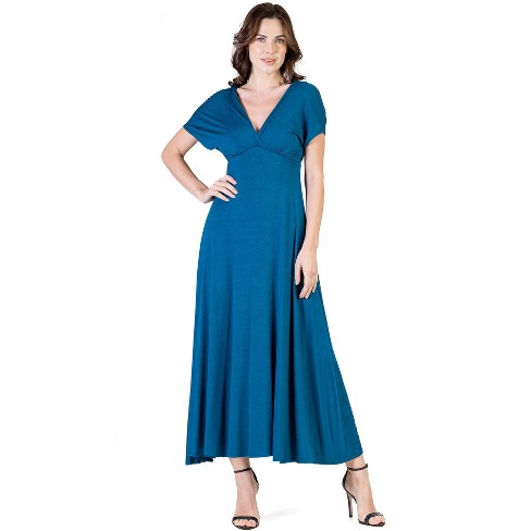 24seven Comfort Apparel Womens Cap Sleeve V Neck Maxi Dress-teal-l