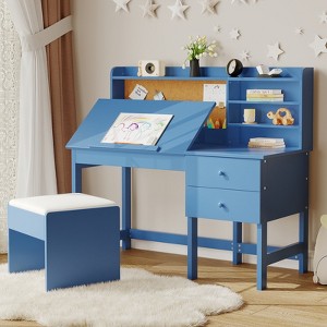 Kids Desk and Chair Set, Wooden Study Table with Adjustable Tilt Desktop, Drawers & Cork Board - Children School Learning Desk Set for Kids Ages 3-8 - 1 of 4