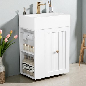 Mshliw 20" Wall-Mounted Bathroom Vanity with Ceramic Sink, Drawer & Side Shelf, Golden Handle, Space-Saving Modern Floating Cabinet - 1 of 4