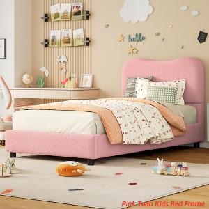 Twin/Full/Queen Size Bed Frame for Kids w/ Velvet Upholstered Headboard, Cute Low Profile Platform Bed for Girls and Boys - 1 of 4