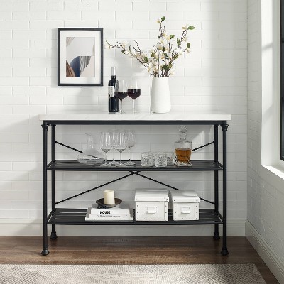 French Industrial Revival Matte Black Console with Faux Marble Top