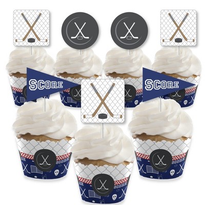 Big Dot of Happiness Shoots and Scores - Hockey - Cupcake Decoration - Baby Shower or Birthday Party Cupcake Wrappers and Treat Picks Kit - Set of 24