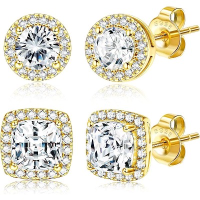 Hayoso 18K Gold Plated Halo Stud Earrings 925 Sterling Silver Cubic Zirconia Stud Earrings Round Square Diamonique Stud