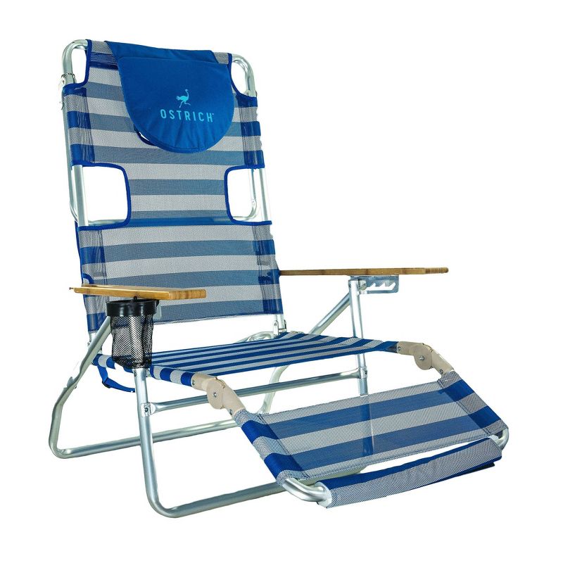 Ostrich 3N1 Lightweight Lawn Beach Reclining Lounge Chair with Footrest, Outdoor Furniture for Patio, Balcony, Backyard, or Porch, Blue Stripe, 1 of 8