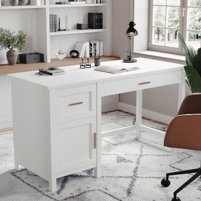 White Wood Home Office Desk with Brass Hardware and Storage