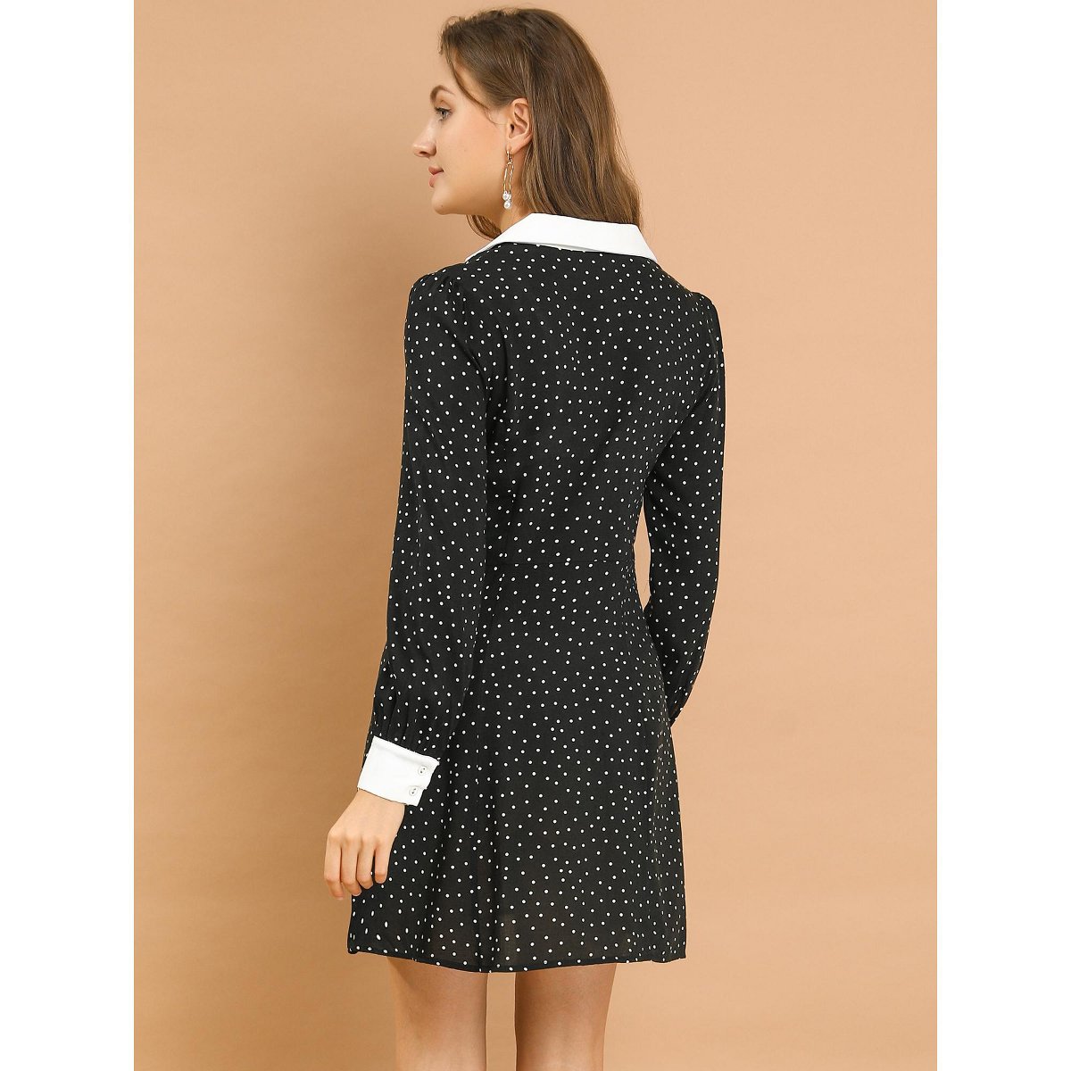 Женские платья INSPIRE CHIC Women's Polka Dots Peter Pan Contrast Collar Party Shirt Dresses Small Black — фото 4