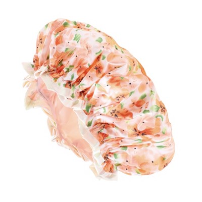 Unique Bargains Women Double Layer Pastoral Flowers Shower Cap Orange 1 Pc
