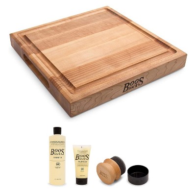 John Boos Block 12x12" Square Cutting/Carving Board with Juice Groove, Maple Wood and 3 Piece Wood Cutting Board Care and Maintenance Set