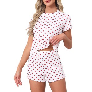 INSPIRE CHIC Women's 2 Pcs Ribbed Knit Pajamas O-Neck Short Sleeve Tops with Shorts Cute Patterns Ruffle Soft Lounge Sets - 1 of 4