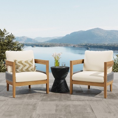 Set Of 2 Outdoor Solid Acacia Wood Club Chairs,Fabric Upholstered Lounge Armrests Chair,PE Rattan Weave Patio Accent Chair-Coolbibila