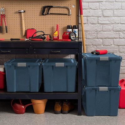 Navy 74 Quart Stackable Plastic Storage Bin with Buckle Lid