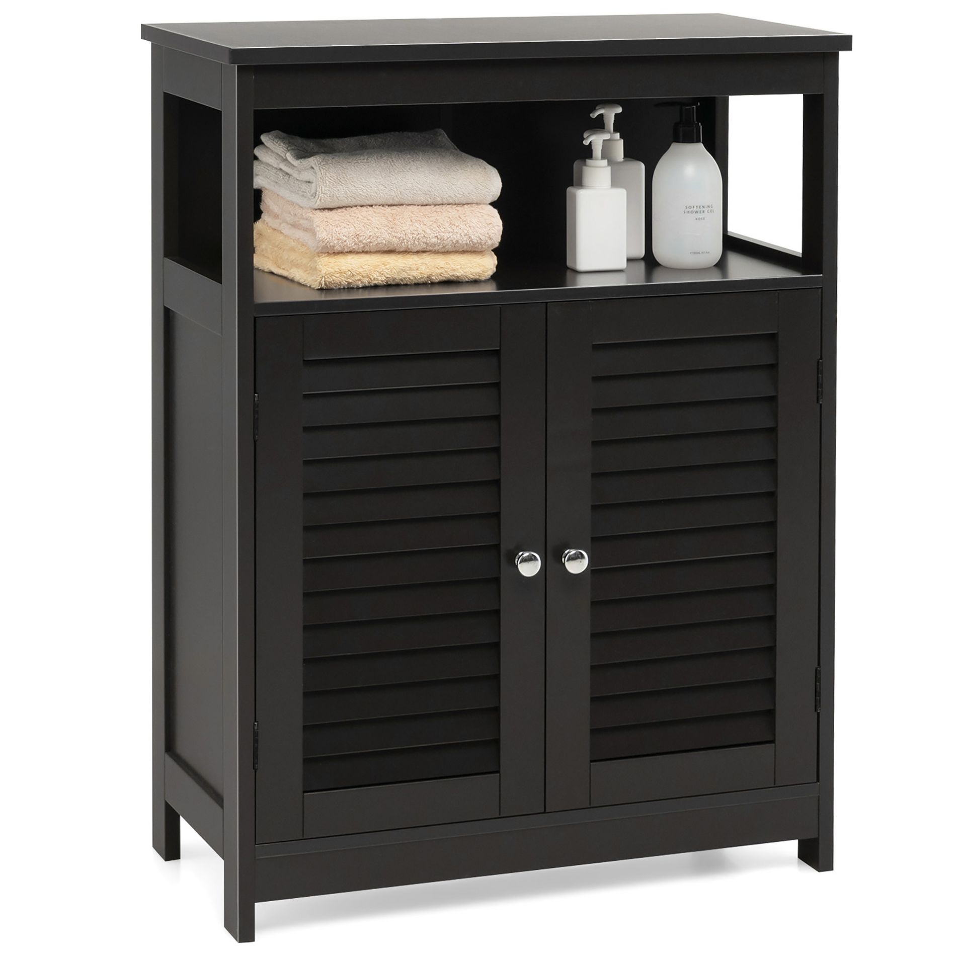Costway Bathroom Storage Wood Floor Cabinet with Double Shutter Door Black