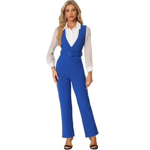 Allegra K Women's Short Sleeve Collared Cropped Coverall Button Down Tie  Waist Cotton Cargo Jumpsuit Blue Medium : Target